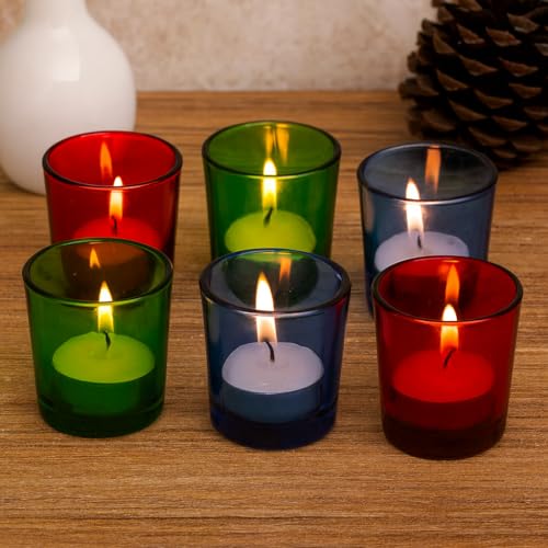 Image of Pure Source India Votive Glass- Pack of 6 | Decorative Tealight Holders with One Tea Light Candles for Home Decor, Diwali Decoration, Weeding Decor & Festive Lighting (Yellow)