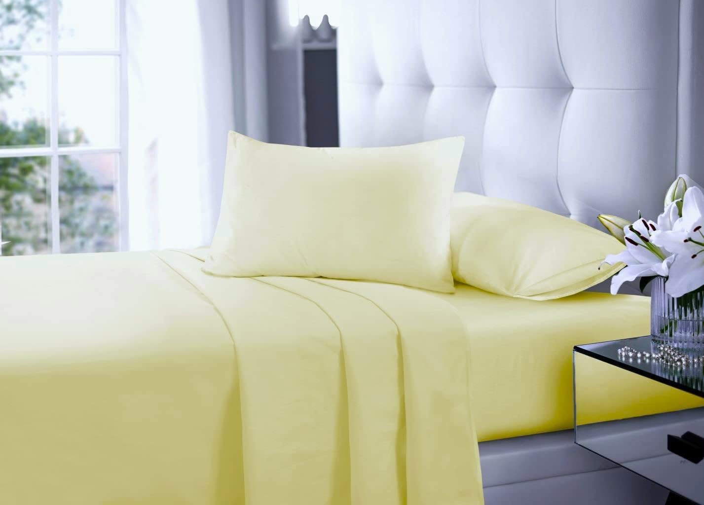 London Dream Lemon Single 3 Piece Sheets Set (Flat Sheet + Fitted Sheet + Pillowcase) - Non Iron Percale Poly Cotton Single Bedding Sets - Lemon Single Bed Sheet Set