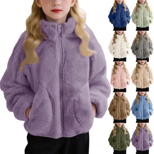Girls Fleece Jacket Sherpa Zip Up Stand Collar Winter Coat Purple 9-10 T - image 1