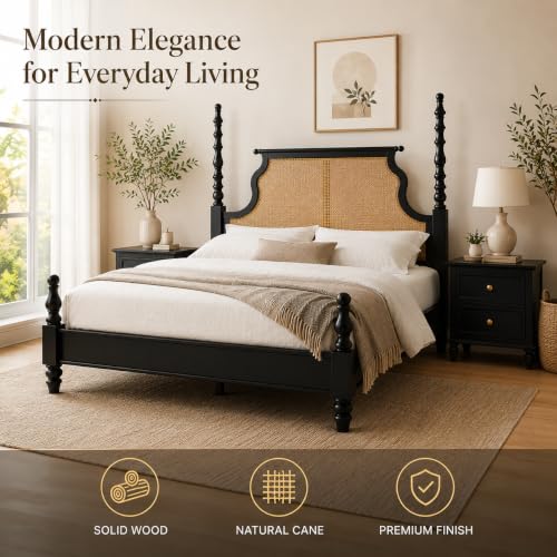 Image of Solid Wood Poster King Size Poster Honeymoon Bed Without Storage with Designer Piller and Cane Crafting for Couple Bedroom (King Size, Walnut Finish, 1 Piece)