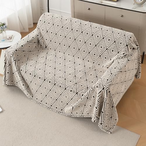 Image of HOKIPO Plush Sherpa Sofa Cover for 2 Seater Sofa | Thick Cozy Washable Sofa Throw | Full Protection Sofa Cover, 'Noirea Series' Geometric Diamond (180x250 cm) (AR-6652-D6)