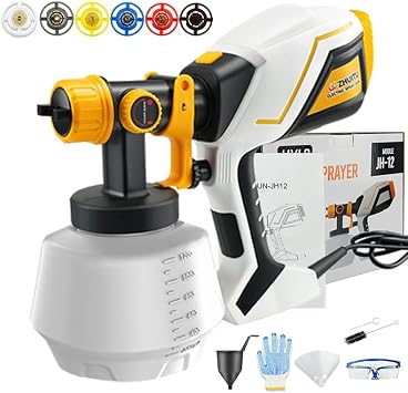 Paint Sprayer 1000W HVLP Electric Spray Paint Gun with 6 Copper Nozzles and 3 Spray Patterns 1200ML High Capacity Container for Furniture, Fences, Walls, Garage Doors Yellow