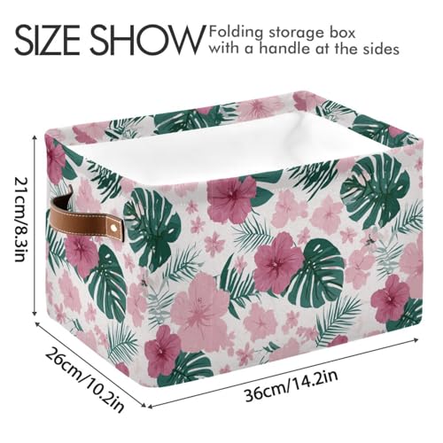 Image of Aslsiy Storage Basket Hibiscus Flower Pink Nursery Bins Monstera Leaf Baby Box Canvas Clothes Shelf Basket Laundry Hamper 2 Pcs