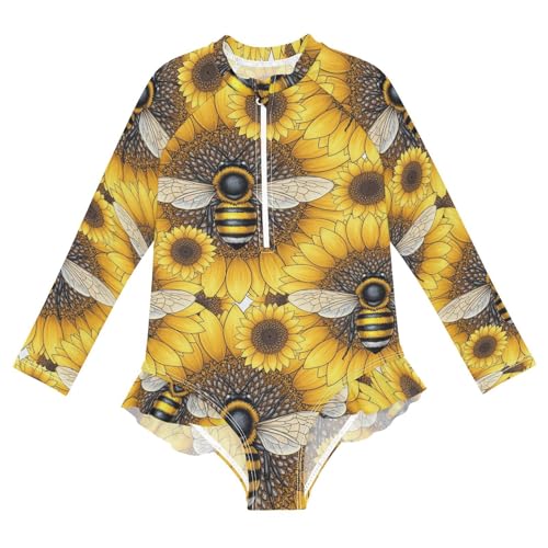Bee Sunflower Pattern Girls Rash Guard Swimsuits Long Sleeve One Pieces Bathing Suit UPF 50+ Zipper Swimwear