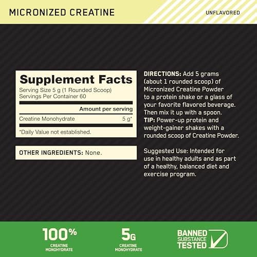 Optimum Nutrition Creatine, Micronized Creatine Monohydrate Powder, Supports Strength & Recovery, Banned Substance Tested, Unflavored, 5g per Serving, 60 Servings - 1