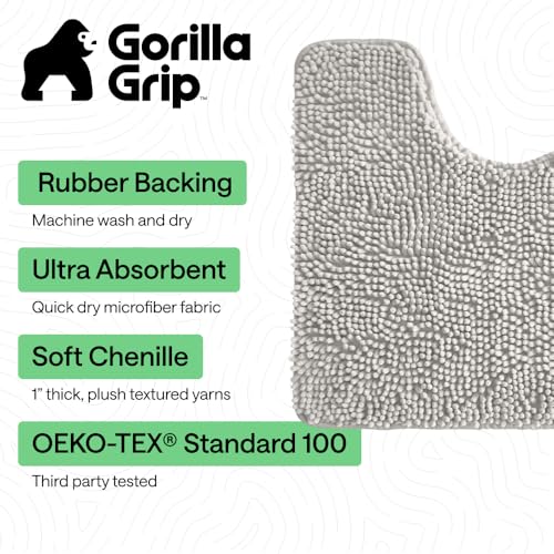Image of GORILLA GRIP Plush Absorbent Shaggy Chenille Bath Rug Mat for Oval Toilet Base with Rubber Backing, Machine Washable Rugs, Soft Microfiber Contour Mats for Toilets, Bathroom Decor, Lt Gray
