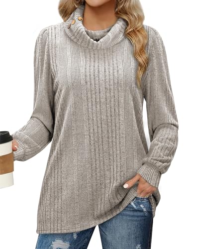 Bulotus Women's Turtleneck Tunic Sweaters Long Sleeve Ribbed Knit Comfy Loose Casual Fall Sweater