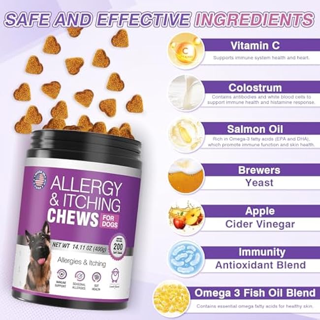 Dog Allergy Chews 200ct - Dog Allergy and Itching Skin Relief Anti Itch Aller Immune Bites for Dogs licking Paws Treatment Relief Itchy Chew Probiotics Vitamins for Skin and Coat Allergies - Lamb-prcjxBKo