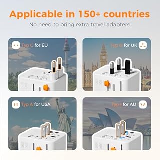 TESSAN Universal Travel Adapter, Travel Plug Adapter Worldwide with 1 Universal AC Outlet 4 USB Ports (2 USB C), International Plug Adaptor for UK to Europe USA Australia (Type C G A I) Grey White