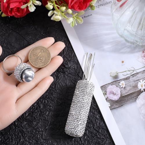 Image of GORGECRAFT Rhinestone Needle Storage Box Small Sewing Needle Storage Box Silver Aluminium Alloy Bling Platinum Container Pocket Box Portable Sewing Pin Case for Store Needle Embroidery Tools