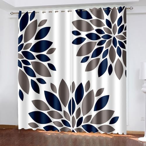 ANAZOZ Cortinas Cocina Balcón con Ollaos,2 x 107W x 160H CM,Cortina Opaca Decorativa 2 Piezas Patrón de Pétalos Cortina Gris Oscuro Azul Oscuro Dormitorio