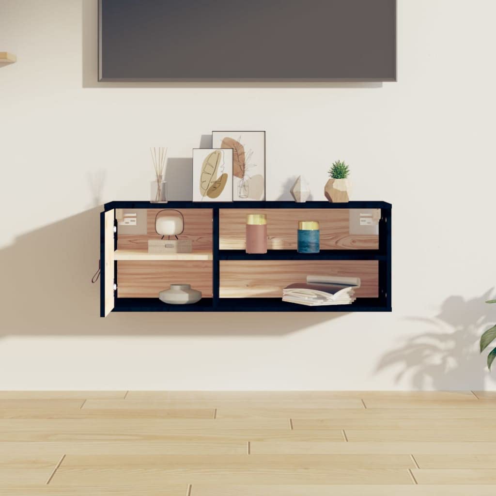 Générique Armadio da parete nero, 80 x 30 x 30 cm, in legno di pino massiccio, mensola da parete con 4 scomparti e 1 anta per riporre libri, riviste e DVD