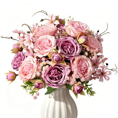 ROLLWAY Künstliche Pfingstrosen Blumenstrauß mit Schleierkraut 13 Stück Kunstblumen wie echt Rosa und Lila Künstliche Blumen Seidenblumen kunstblumenstrauß für Hochzeit Wohnzimmer & Tischdeko