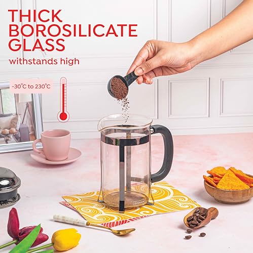Image of Sipologie Vintage French Press Coffee Maker 600ml, Black I 4-Level Filtration I Heat Resistant Borosilicate Glass I Stainless Steel Housing | Measurement Marking, Coffee Spoon, Extra Filter Mesh