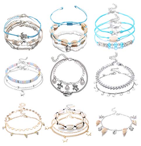 Jstyle 20Pcs Anklets for Women Girls Adjustable Charm Ankle Bracelet Handmade Turtle Boho Ankle Chains Foot Jewelry Set