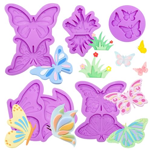 Bakformk Butterfly Fondant Molds, 5 Pieces Flowers Silicone Molds for Chocolate Cake Decorating Birthday Cupcake Butterfly Toppers Sugar Paste Crafts
