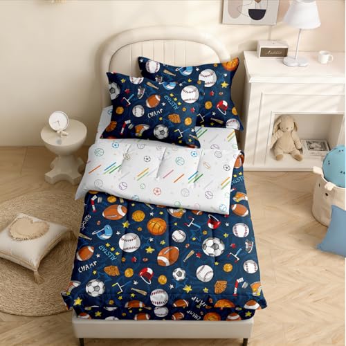 Image of Kids Comforter Set,Zipper Bedding Twin for Boys,Football Printed Comforter Set with Soccer Basketball Fitted Sheets and Pillowcases for All Season(Tennis)