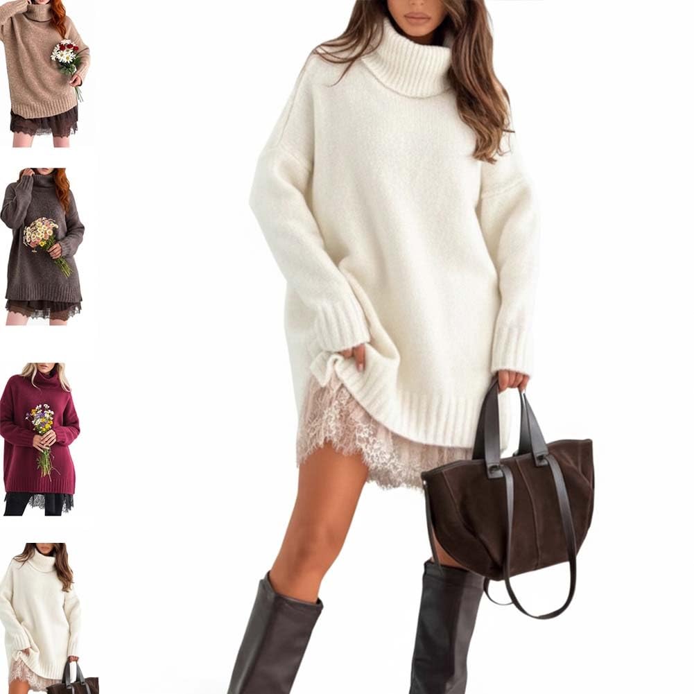 Womens Turtleneck Sweater Mini Dress Set Elegant Fall Knit Pullover Sweaters with Lace-Trim Dress for Women
