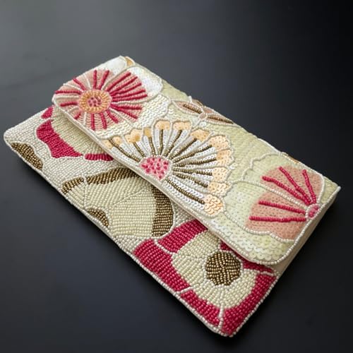 Image of Enliven Beaded Clutch Bag for Women | Pink Floral Handcrafted Evening Purse | Elegant Beaded Handbag for Weddings, Parties & Special Occasions | Compact, Stylish & Durable