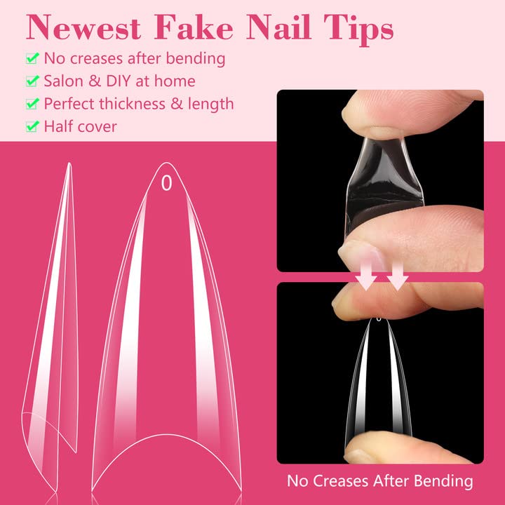 Quaferen Clear Stiletto Nail Tips, 500PCS Half Cover Soft Gel Nail Tips Medium Stiletto False Nails Almond Shape Curved Nail Tips for Acrylic Nails Salon Home DIY with Box 10Sizes - Image 3
