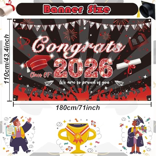 Image of Graduation Decorations, Large Graduation Banner, Red and Black Banner 2026, Congrats Grad Backdrop Sign, Class of 2026 Grad Party Decor for Commencement Indoor Outdoor Yard Wall Door Decor 180*110cm