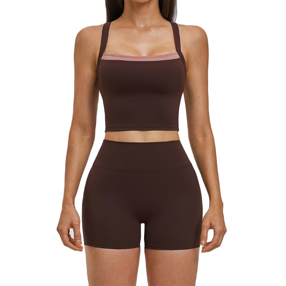 XYFfybhsd Sweat-Wicking Sports Suit Cross-Back Casual 2-Piece Yoga Set Sportwear(Size:S,Color:Brown)
