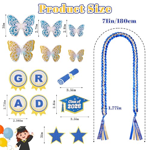 Image of Class of 2026 Graduation Lei,Blue & Gold Double Ribbon Lei with DIY Butterfly Pin Accessories,Graduation Gift for Her Him Woman Man Graduate