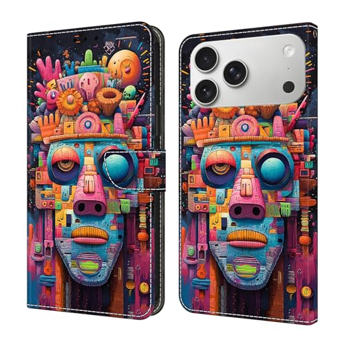 Étui portefeuille iPhone 16 Doodle Face pour sorties et quotidien