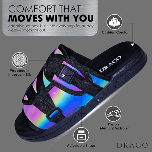 Image of Draco DracoSlides Reflective Slides for Men and Women, Wrapped in Reflective 3M with Adjustable Straps for Wide /Narrow Feet, Sandals with Arch Support & Slip Resistant, Men & Women Footwear, Black