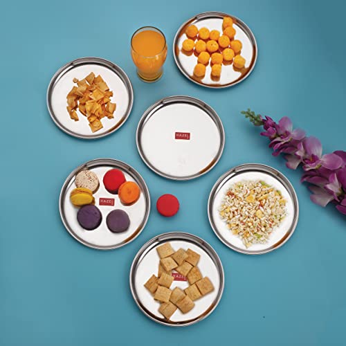 Image of HAZEL Stainless Steel Dinner Plate with Glossy Finish | 21 cm Thali Plates for Kitchen | Serveware Snacks Plate for Kids | Breakfast Plate, Set of 12