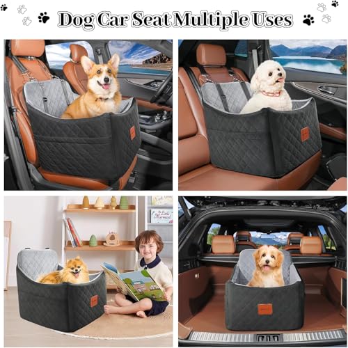 INDYBUD Hunde Autositz für Kleine/Mittlere Hunde, Memory-Schaum Erhöhter Hundesitz Auto, Abnehmbar & Waschbarer Hundebett Auto mit Aufbewahrungstaschen und Sicherheitsleinen (Schwarz Grau, Mittel)