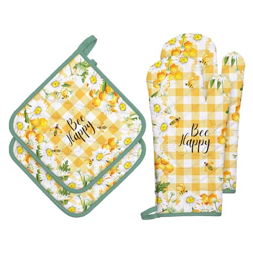 Bee Daisy Oven Mitts and Pot Holders -100% Cotton, Heat Resistant Extra Long Oven Gloves & Hot Pads for Cooking BBQ Grilling Baking Gift, Set of 4