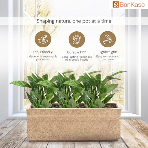 Image of BonKaso 21 inch Beige Pot - Tall, Durable & Lightweight Polymer Rectangle Planter for Indoor & Outdoor Use: Home, Office, Garden & Balcony (Gamla /Gamale)