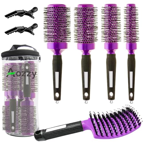 Aozzy 5pcs Blow-Drying Round Hair Brush Set - Ceramic, Boar Bristle Brush for Women - Thermal Barrel Brush Set, Styling & Roller Brush for Shiny, Smooth and Bouncy Hair