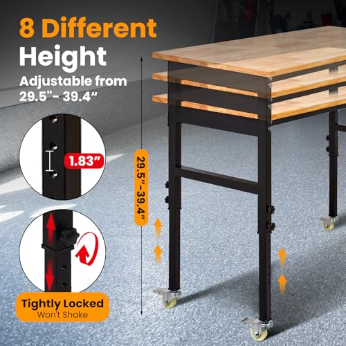 Image of 48 inch Adjustable Workbench, 8-Level Height Adjustable Rolling Work Table with Casters & Scale, Sit & Stand 2-in-1 Garage Tool Table with Pegboard & Hooks, for Workshop, Warehouse, DIY Projects
