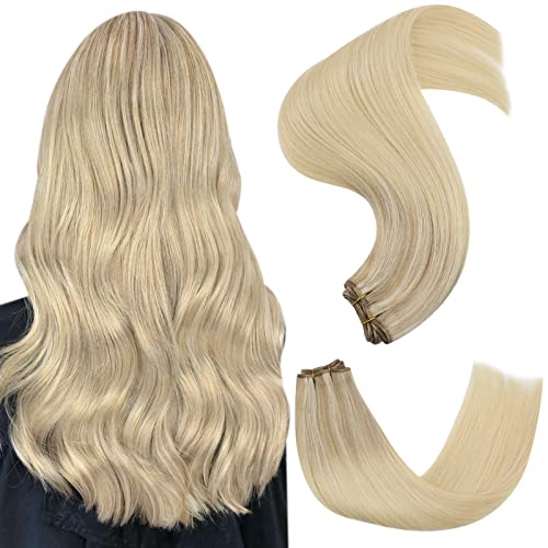 JoYoung Sew in Weft Hair Extensions Human Hair Blonde Ombre Remy Sew in Hair Extensions Weave Human Hair Ash Blonde to Platinum Blonde Balayage Hair Bundles Straight Hair 18inch 100g