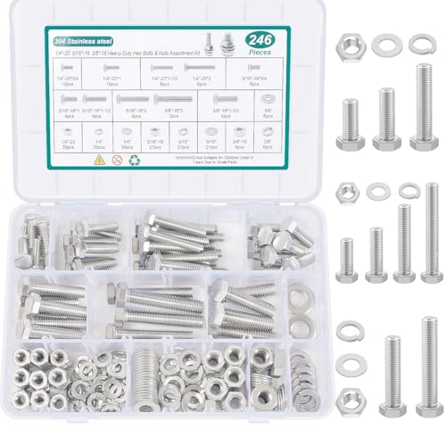 246PCS Heavy Duty Hex Bolts and Nuts Kit, 1/4-20, 5/16-18,3/8-16 Nuts and Bolts Assortment Kit,304 Stainless Steel Bolts and Nuts Kit,Lock and Flat Washers with Storage Box