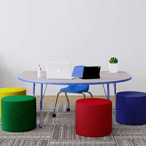 Image of FDP Horseshoe Activity School and Office Table (60 x 66 inch), Standard Legs with Ball Glides for Collaborative Seating Environments, Adjustable Height 19-30 inches - Gray Top and Blue Edge