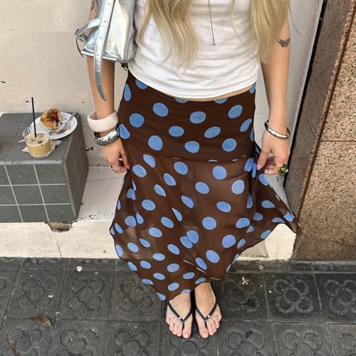 CORIRESHA Women's Y2K Contrast Polka Dot Midi Skirt Semi-Transparent Irregular Skirt3