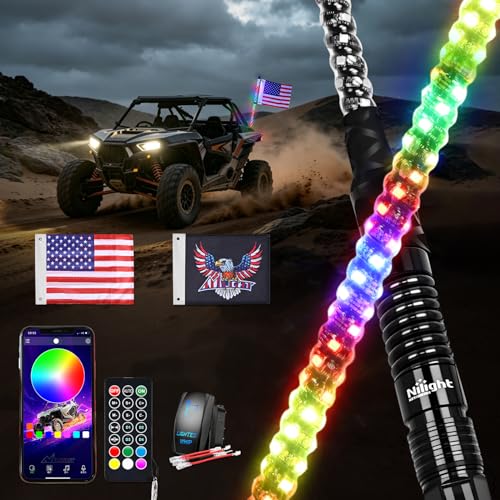 Image of Nilight LED Whip Light 1PC 3FT Spiral RGB Antenna Whips with Spring Base, App /Remote Control DIY Chasing Patterns Brake & Reverse Lights for Side by Side ATV UTV RZR Can-Am Buggy Jeep