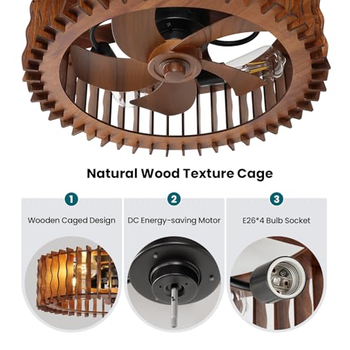 Image of 20 inch Flush Mount Ceiling Fan with Light, Wooden Caged Low Profile Fandelier with Remote, 6-Speed Reversible Bladeless Fan, Farmhouse Ceiling Fan for Bedroom, Kitchen, Living Room