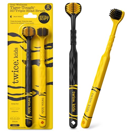 Twice Kids 3D Triple-Head Toothbrush – Extra-Soft Bristles for Sensitive Gums, 3-Sided Design for Effective Plaque Removal & Sparkly Clean Smiles, Also Suitable for Braces & Aligners, Ages 3+, 2 Count