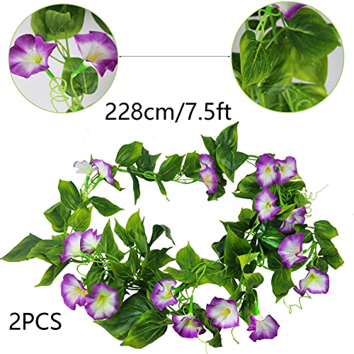 Cisdueo 2 Pcs Artificial Vines Silk Morning Glory Vines For Outdoor 15Feet Hanging Plants Garland Purple Fake Green Plant Morning Glories For Home Decor Wall Fence Stairway Wedding Hanging Baskets #TOP6