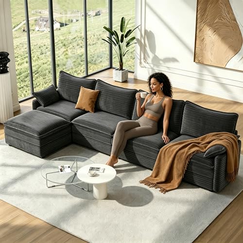 Image of Vesgantti 142 inch L Shaped Modular Sectional Sofa, Comfy Corduroy Upholstered Modular Sectional Couches for Living Room, Modern Cloud Couch with Ottoman Deep Seat, Dark Grey