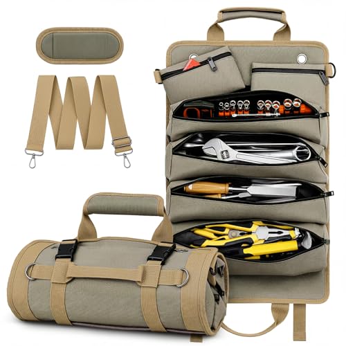 Tool Roll Up Bag 1680D Heavy Duty Tool Bag Organizer with 2 Detachable Tool Pouches & Multiple Pockets Waterproof Motorcycle Tool Roll for Mechanic & Electrician Gift for Men Him Dad 21.9*13.8