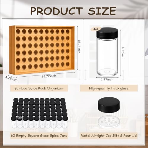 Image of Mifoci 60 Jars Bamboo Spice Rack Organizer, Wall Mounted or Countertop | 6 Tier Seasoning Organizer, Standing Spice Rack with 432 Label, Kitchen Organizer for Counter Cabinet, with Marker and Funnel
