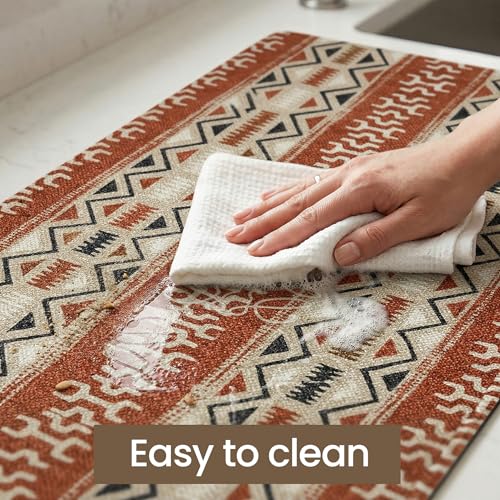 Image of Yellow Weaves- Non-Slip Kitchen Floor Mats, Water Absorbent, Rugs,Standing Rubber Mats for Kitchen, Office, Sink and Laundry Room, Geometric Burnt Orange (Pack of 2)