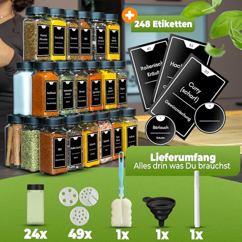 CLIDOR Gewürzgläser eckig [24 x 125ml], inklusive 248 Gewürzetiketten – Ansicht 5