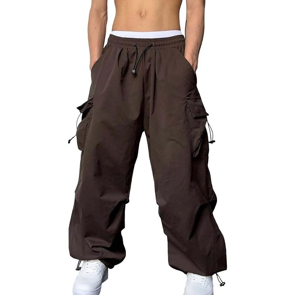 Męskie spodnie do biegania, luźne spodnie cargo z kieszeniami, spodnie dresowe Y2K, długie spodnie Streetwear ze sznurkiem (brązowy, 3XL)