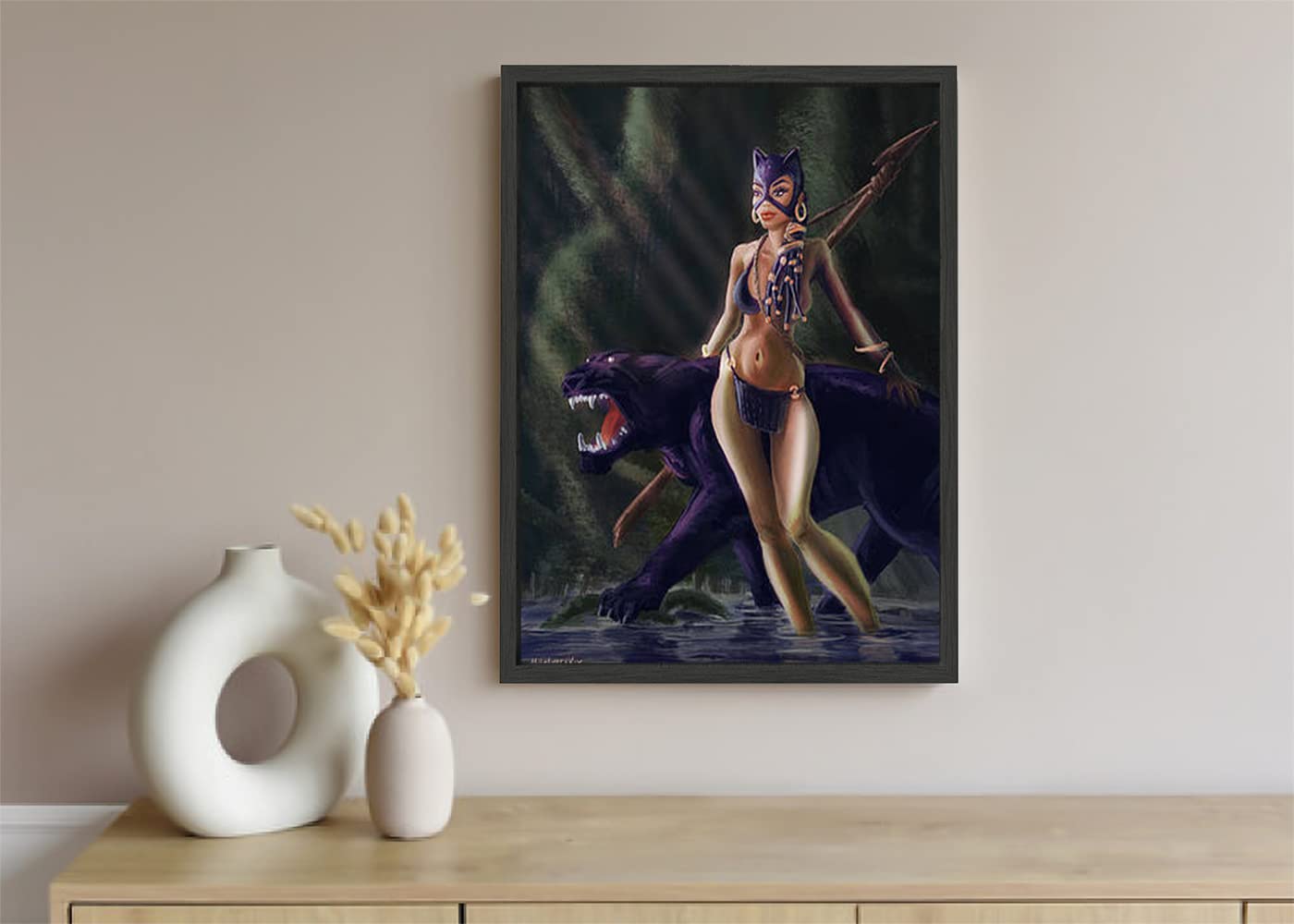 VERRE ART Printed Framed Canvas Painting for Home Decor Office Wall Studio Wall Living Room Decoration (10x14inch Black Floater) - Catwoman cosplay Virago Amazon black Panther